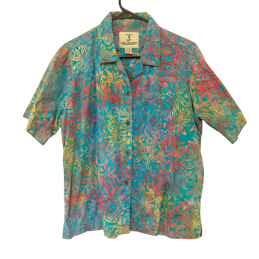 Artisan Outfitters Unisex M Batik Hawaiian Camp Shirt Teal Floral Cotton